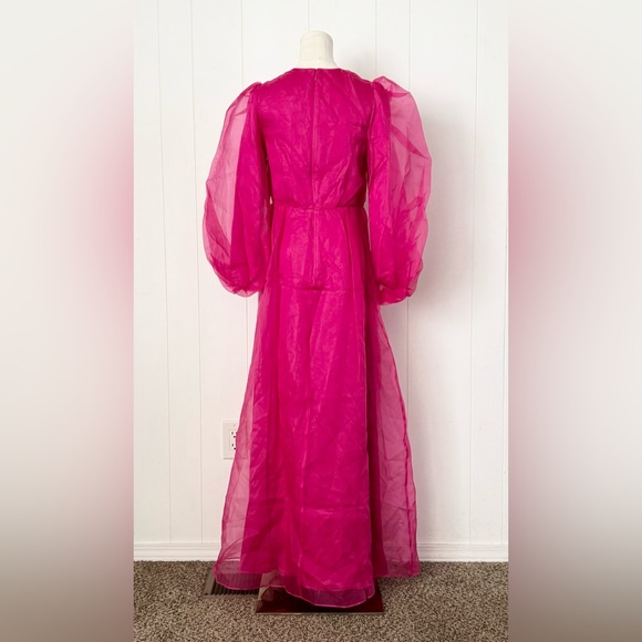 VEILED NWT Silk Organza Balloon Sleeve A-Line Maxi Dress Sz Small Short Hot Pink - Picture 6 of 9